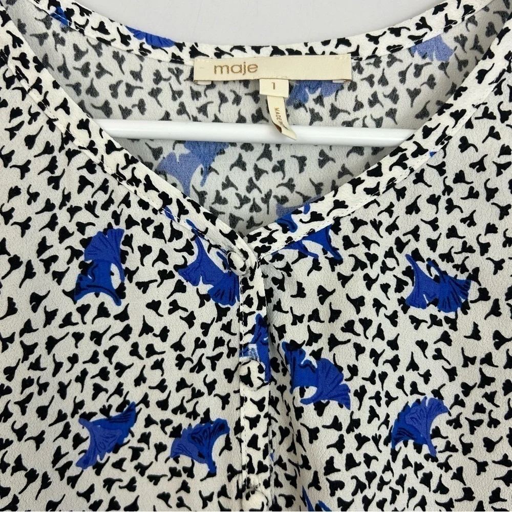 MAJE Lensam Floral Leaf Blue/White V-neck Short Puff Shoulder Blouse Size Small